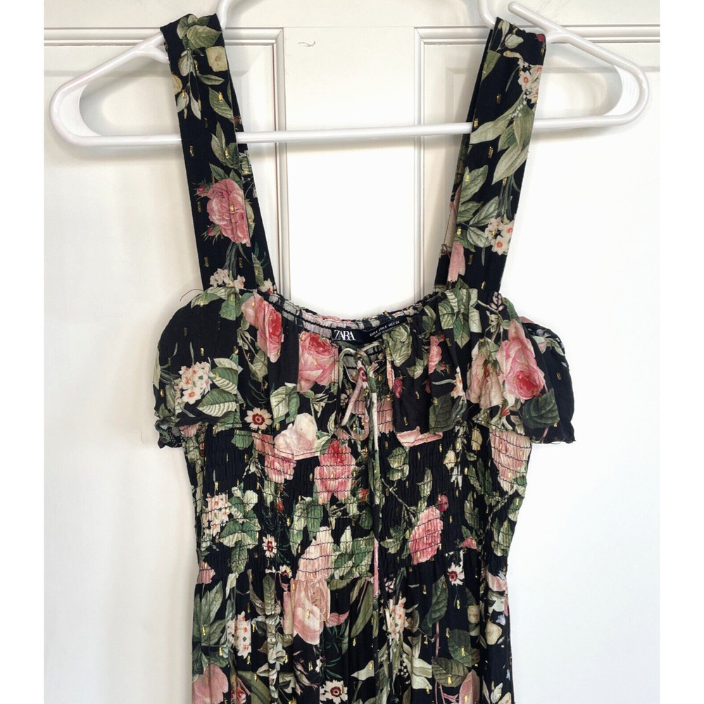 Zara Women's Flowy Ruffle Smocked Midi Dress Size S Strapless Dark Floral Boho - Picture 4 of 14